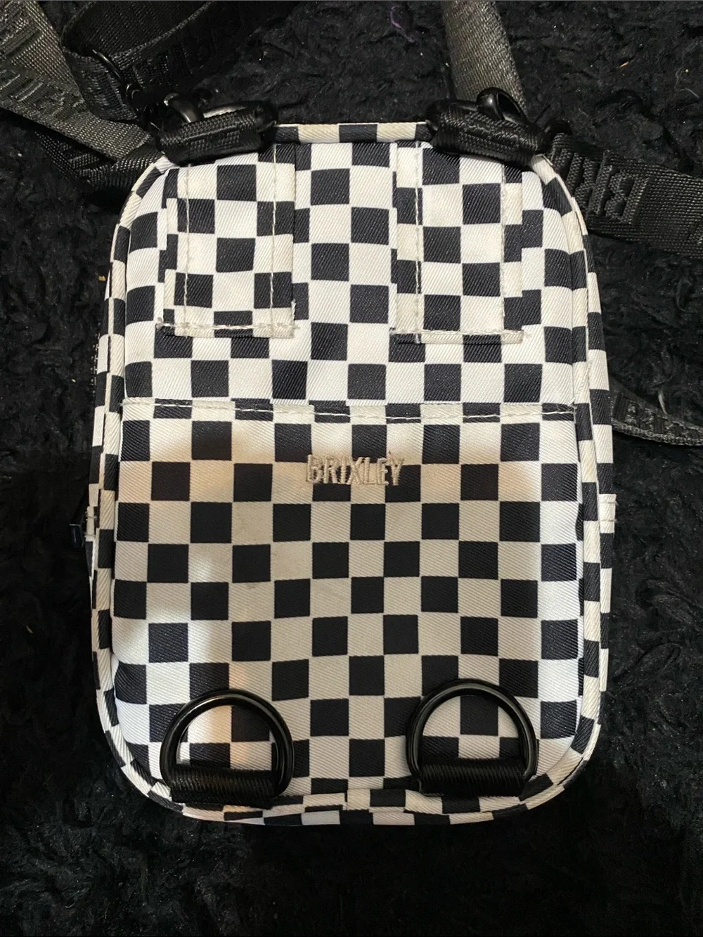 Brixley Rally Checked Crossbody Mini Bag with Black Strap in Black and White